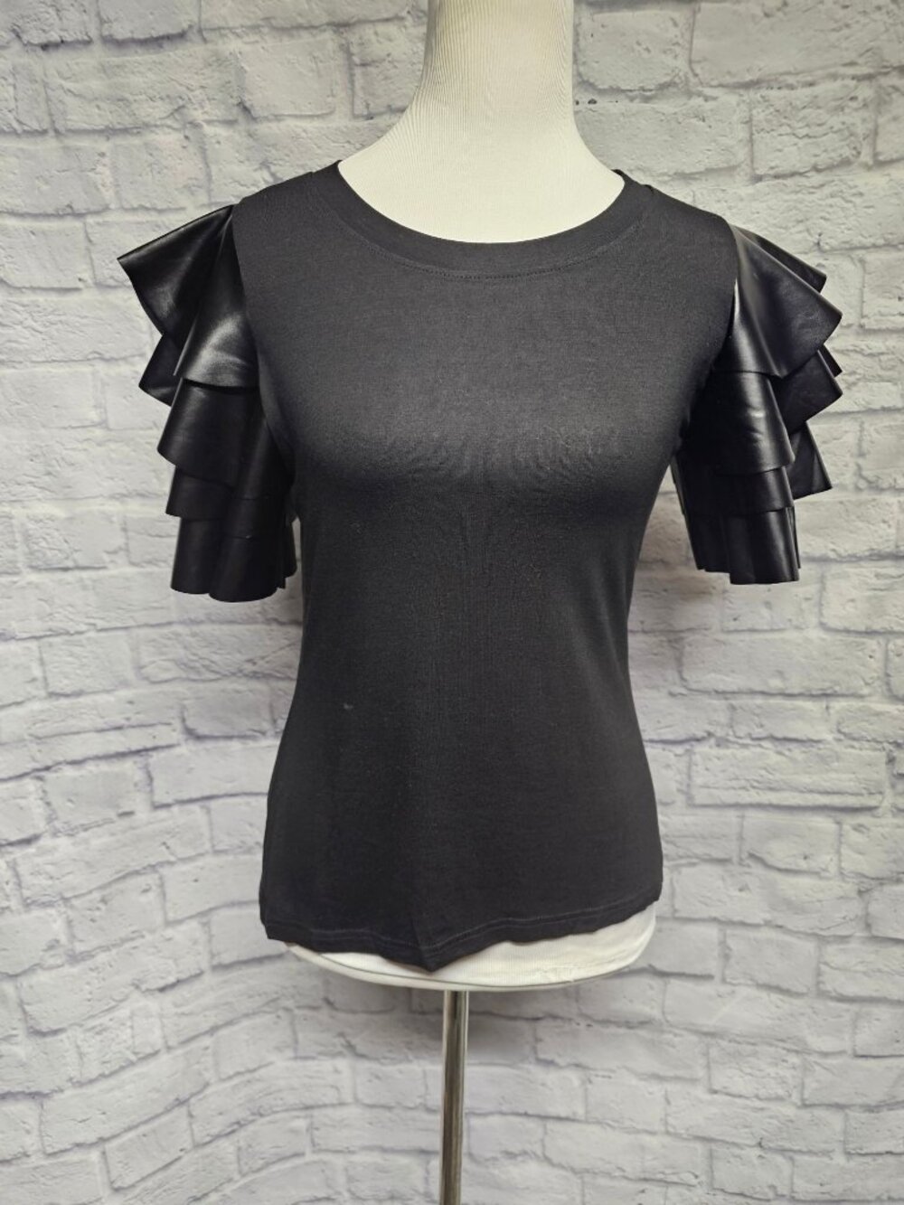 NWT Gracia S Black Faux Leather Tiered Flutter Sleeve Stretch Top